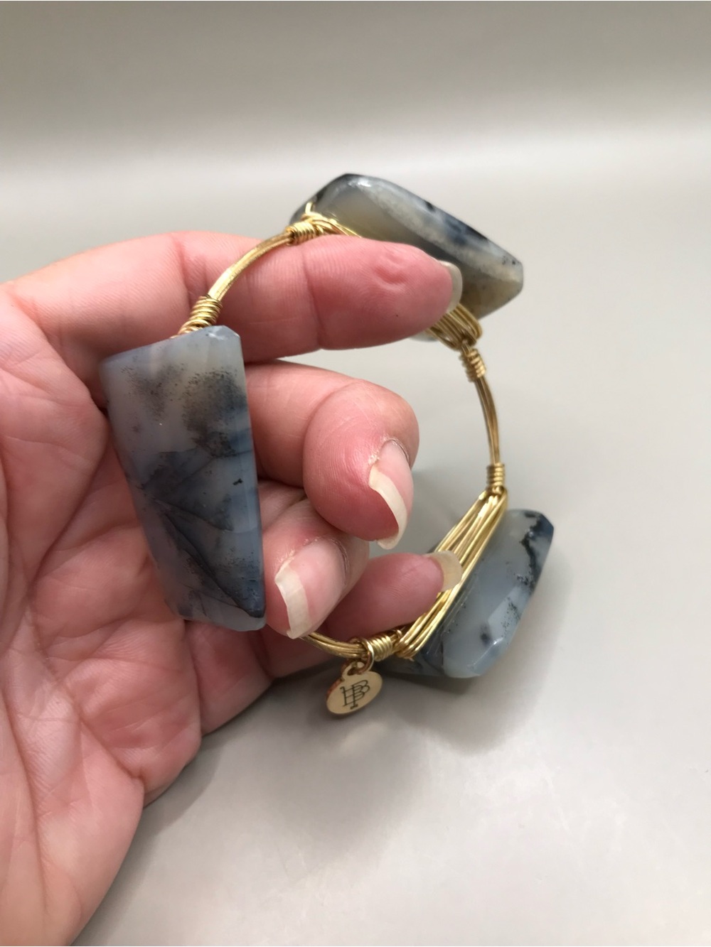 Bourbon and Bowties Gold Wire Bracelet with Light Gray Agate Slabs - Picture 7 of 7